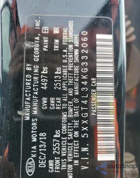 2019 Kia Optima Lx z USA, uszkodzony, nr VIN 5XXGT4L34KG332060